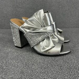 Christian Siriano Mules Women 5 Silver Rhinestone Block Heel Bow Peep Toe Glam‎